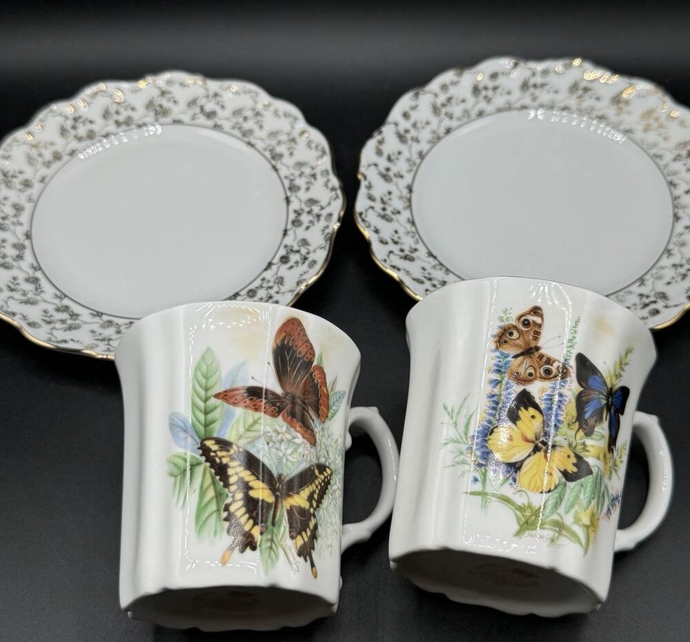 2 Vintage Royal Grafton Butterflies Tea Cups Mug Fine Bone China England -A95